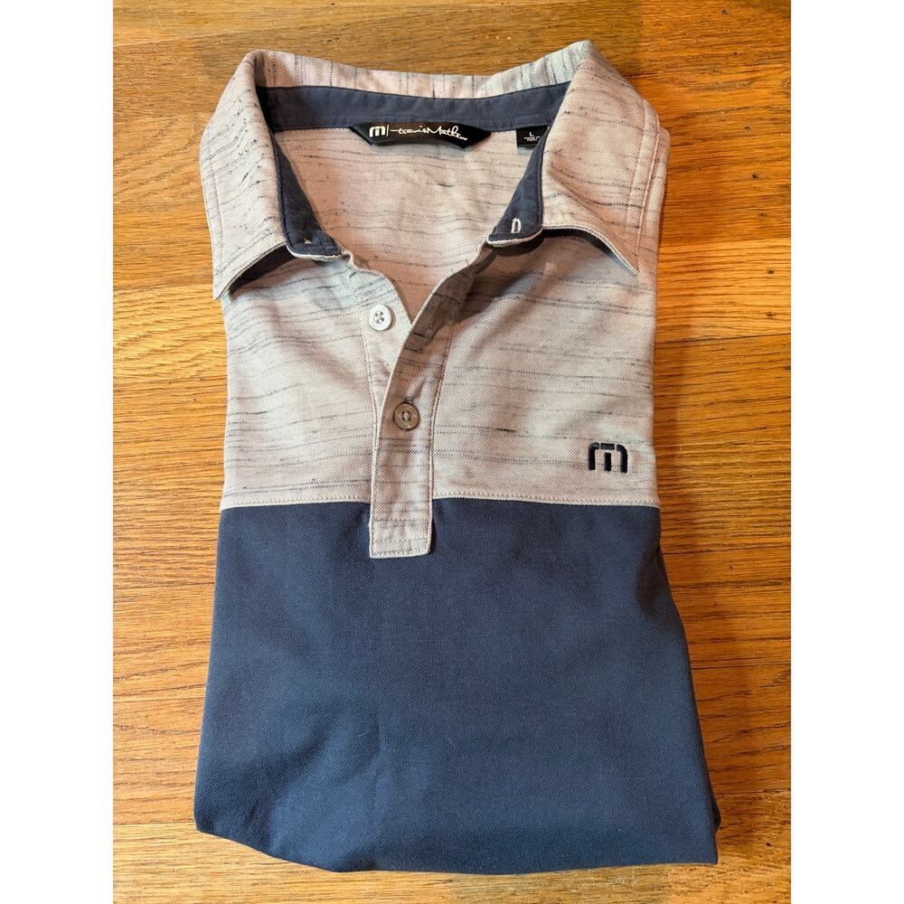 TravisMathew Mens Polo Shirt Large Gray Blue Colorblock Golf Performance Stretch